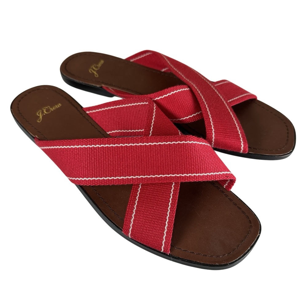 J.Crew Criss Cross Slides Women 10 Red Woven Straps Leather Footbed AO667